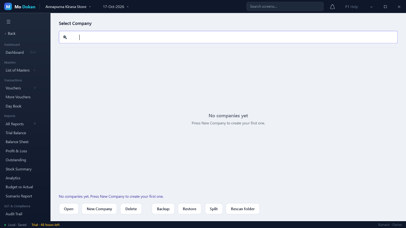 The Select Company screen with a search box and the buttons Open, New Company, Delete, Backup, Restore, Split and Rescan folder