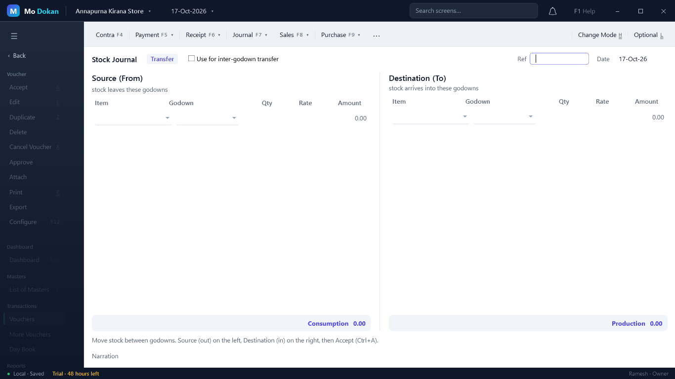Stock Journal in Transfer mode: Source (From) on the left, Destination (To) on the right, with item, godown, quantity, rate and amount